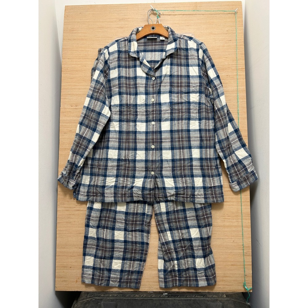 LL Bean Womens 1X Plus Blue Plaid Flannel Pajama Set Button Top Drawstring Pants